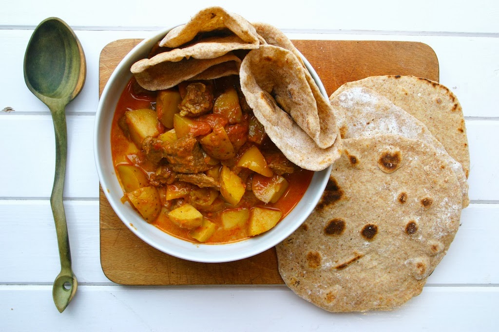slow cooked beef and potato curry with chapati - Belleau Kitchen